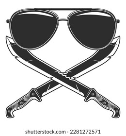 Machete con icono de gafas de sol, arma de caza con cuchillo afilado en la jungla. Vector negro y blanco aislado en fondo blanco