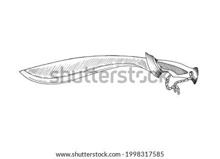 Machetes knife with curved blade, hand drawn vector illustration isolated on white background. Machete agricultural instrument or weapon engraving style icon.