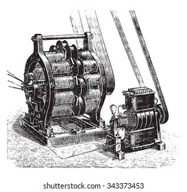 Die Wechselstrom- und Gleichstrom-Ströme begeistern Siemens, vintage gravierte Illustration. Industrielle Enzyklopädie E.-O. Lami - 1875.