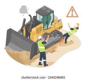 Machine Accident Worker Construction site Safety Occupational Health labor risks tractor excavato yellow Bulldozer quarry heavy machine work tractor excavato machinery isometric