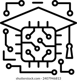 Machine Adaptive learning algorithms concept, Processor with mortarboard vector line icon design, predictive modeling  adaptive control symbol, artificial intelligence sign neural circuit illustration
