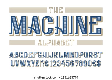 Machine alphabet with numbers and currency signs.