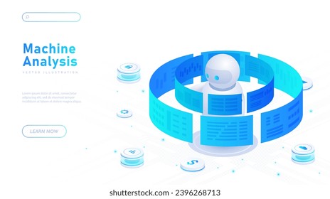 Machine analysis white poster. AI and artificial intellengence. Modern technologes and innovations. Landing page design. Cartoon isometric vector illustration isolated on white background