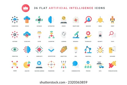 Machine and artificial brain of robot learning, smart algorithms and automation, data cloud analytics and statistics analysis. AI technology trendy flat icons set vector illustration