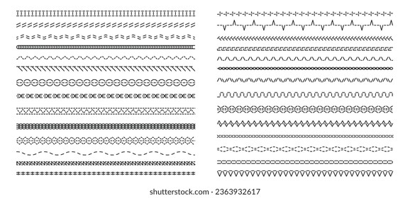 Machine black stitch. Seamless zigzag variation, needlework border with straight and curvy lines, variation of embroidery pattern. Vector isolated set. Needlecraft, fashion lace divider