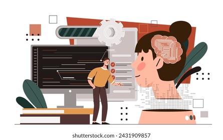 Machine brain concept. Man with artificial intellengence. Modern technologies and innovations. Machine learning. Woman with chip in head. Cartoon flat vector illustration isolated on white background