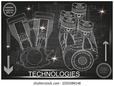 Machine building drawing. The car engine on a black background. 3d