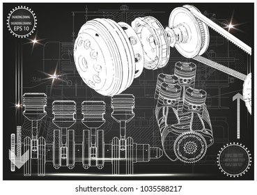 Machine building drawing. The car engine on a black background. 3d