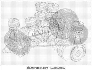 Machine building drawing. The car engine on a white background. 3d