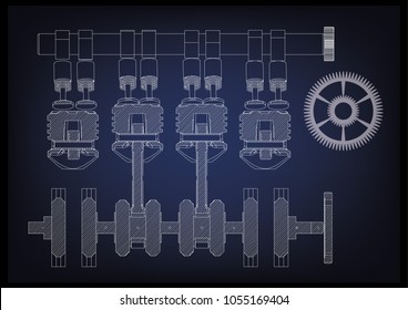 Machine building drawing. The car engine on a blue background. 3d