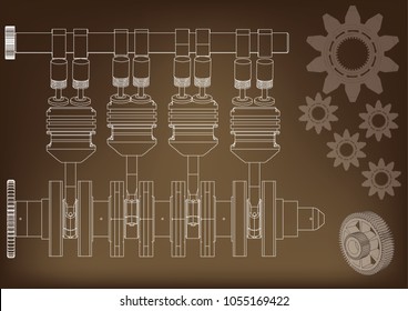 Machine building drawing. The car engine on a brown background. 3d
