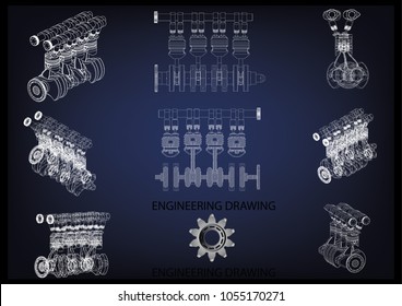 Machine building drawing. The car engine on a blue background. 3d