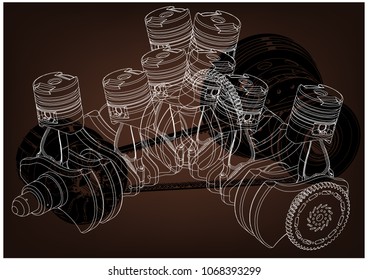 Machine building drawing. The car engine on a brown background. 3d