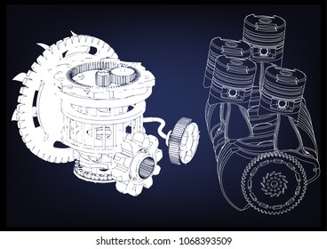Machine building drawing. The car engine on a blue background. 3d