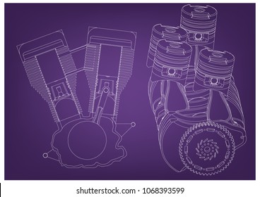 Machine building drawing. The car engine on a purple background. 3d