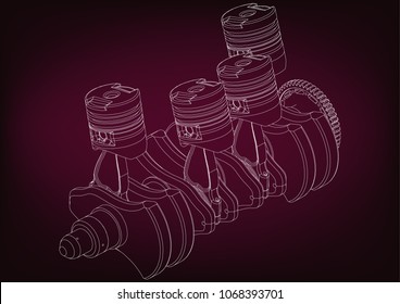 Machine building drawing. The car engine on a burgundy background. 3d