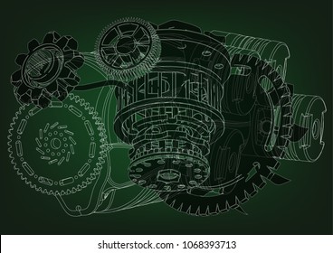 Machine building drawing. The car engine on a green background. 3d