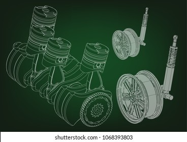 Machine building drawing. The car engine on a green background. 3d