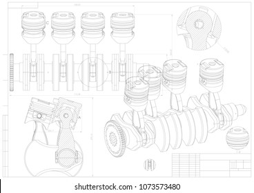 Machine Building Drawing. Engine Car On A White Background. 3d Model