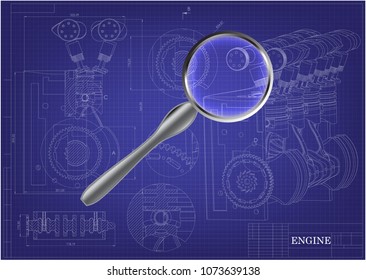 Machine building drawing. Engine car on a blue background. 3d model