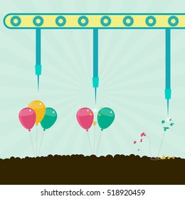 Machine bursting balloons. Machine with needles exploding balloons on the soil. Concept. Metaphorical.