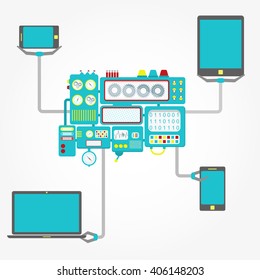 Machine in center with grippers holding electronic equipment like laptop, tablet and cellphone. Conceptual.