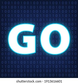 Machine code languages in neon style. Programming languages concept in blue.  Language GO on binary code background for your design. External glow. EPS10.