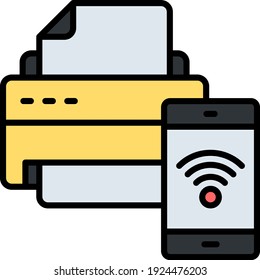 Concepto de comunicación máquina a máquina, interacción de dispositivos m2m diseño de iconos de color vectorial, smartphone conectado con diseño de impresora de ubicación remota, símbolo de Internet de cosas en fondo blanco