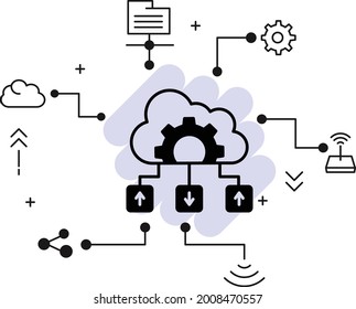 Configuración de máquina y diseño de iconos de glifos vectoriales de transmisión, servicios de computación en nube y alojamiento web Símbolo, concepto de nodos de servidor en nube, ilustración de la configuración de servidor en nube