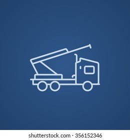 Machine with a crane and cradles line icon for web, mobile and infographics. Vector light blue icon isolated on blue background.