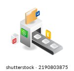 Machine create data folder processing in isometric and flat illustration