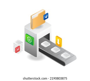 Machine create data folder processing in isometric and flat illustration