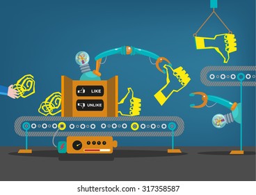 A Machine Creating Likes and Unlike Icon Buttons. Social Media Concept. Editable Clip Art.