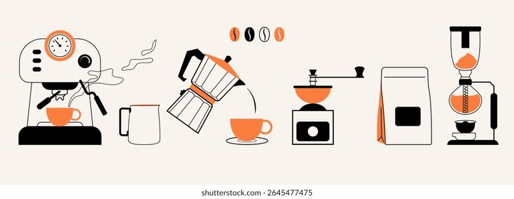 Сoffee machine, cup. Concept illustrations and icons for menu, kitchen, cafe, poster design. Modern minimalist art. 
