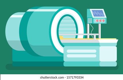 Machine for diagnosis of diseases vector, isolated mri machine. Magnetic resonance imaging, table for patients body and monitor giving info data