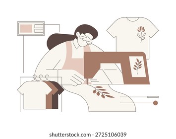 Bordado de máquina ilustrações isoladas de vetor de desenhos animados. Jovem casal lida com bordados de máquina, pequena empresa, setor de serviços, indústria da beleza, design de moda vetor cartoon.