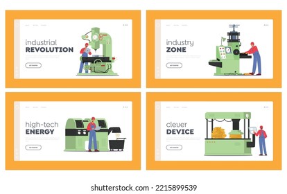 Machine Factory Industrial Manufacture Landing Page Template Set. Construction Industry Engineering Equipment With Engineer Workers Characters Production Process. Cartoon People Vector Illustration