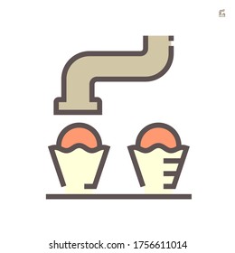 Machine fill ice cream in cone in food processing production vector icon design on white background, 64x64 pixel perfect and editable stroke.