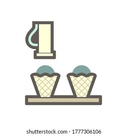 Machine fill ice cream in cone in food processing production vector icon design on white background.
