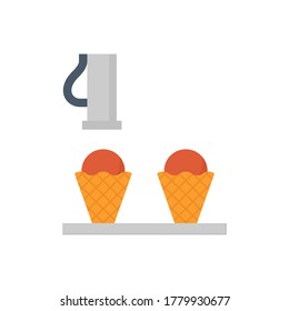 Machine fill ice cream in cone in food processing production vector icon design on white background.