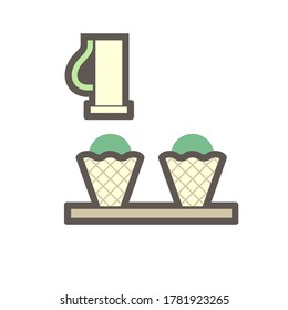 Machine fill ice cream in cone in food processing production vector icon design on white background.