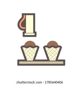 Machine fill ice cream in cone in food processing production vector icon design on white background.