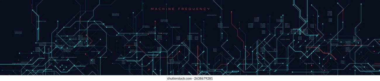 Machine Frequency Circuit Background With Futuristic Red and Blue Lines. High-tech network map with glowing connections and schematic patterns on dark background. Vector Illustration.