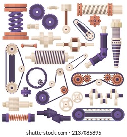 Machine gear parts, machinery, engine industry equipment. Industrial machine parts, pipes and screws vector illustration set. Factory mechanical conveyor elements. Machinery gear industry