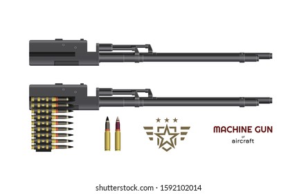 Machine gun of airplane or helicopter. Isolated image of military weapon. Aircraft rifle with ammunition. Vector illustration