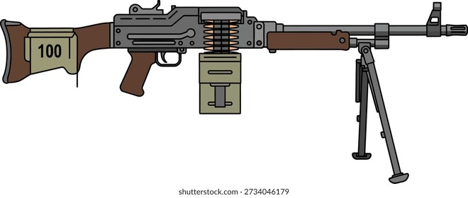 Machine gun with ammunition box bipod and stock marked 100 weapon military
