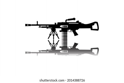 Ametralladora. Símbolo negro sobre fondo blanco. Ilustración simple. Icono de vector plano. Sombra de reflexión espejo. Se puede utilizar en proyectos de logotipo, web, móvil e interfaz de usuario