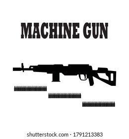 machine gun and bullets vector silhouette, army weapon symbol isolated on white.