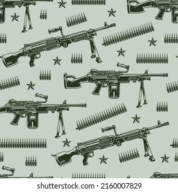 Machine Gun Monochrome Vintage Pattern Seamless Military Automatic M60 Rapid Fire Weapon Belts Army Ammo For Warrior Vector Illustration