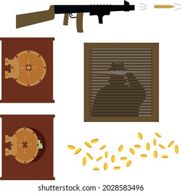 machine gun set, bullet, safe, blinds, coins